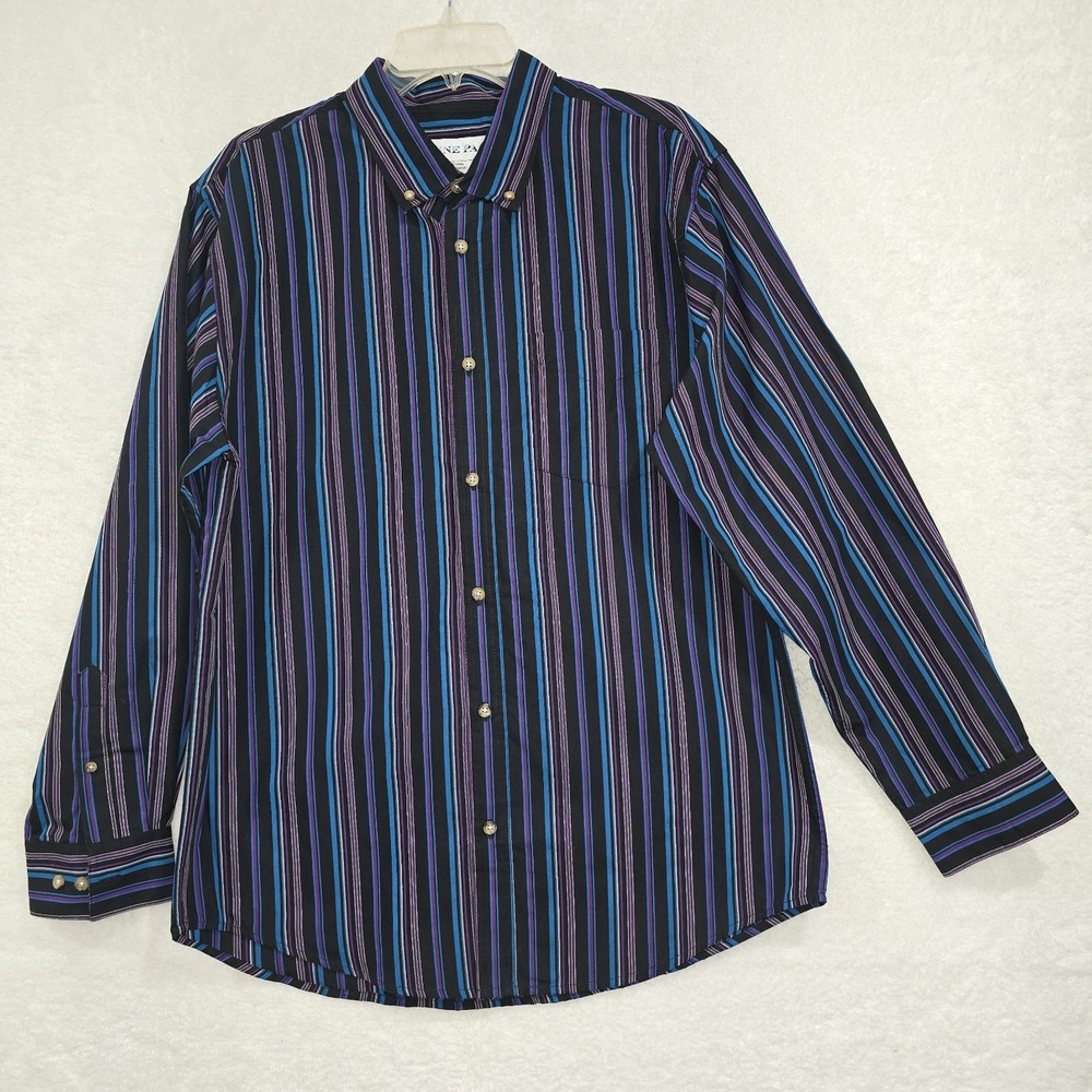 Irvine Park Men's Medium Long Sleeve Button Down Shirt Striped Purple Blue Black
